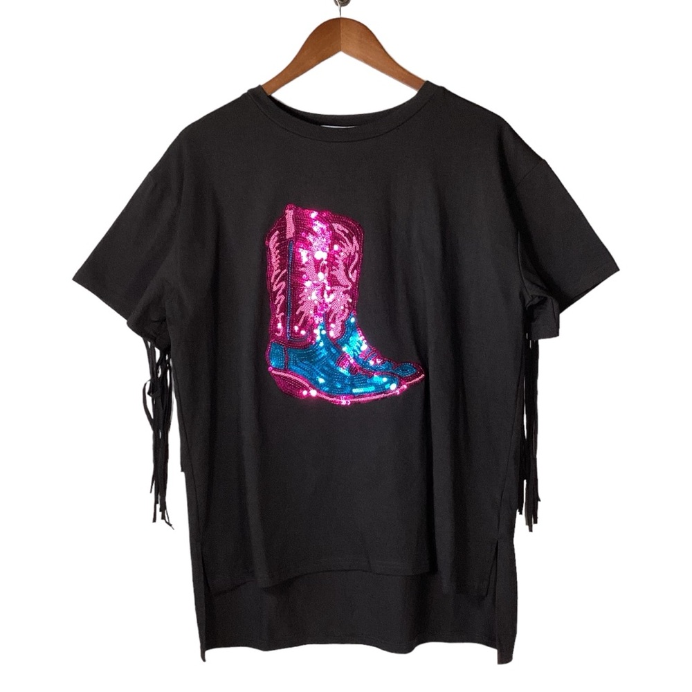 Rowdy Crowd Clothing Black T-Shirt With Fringe NWT